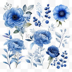 水彩蓝色插花系列