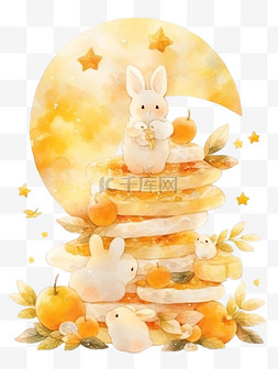 中秋月饼可爱图片_中秋场景小兔子月亮卡通手绘元素