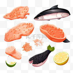 开胃菜图标图片_三文鱼、生牛排和鱼子酱图标都是
