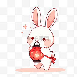 中秋红色背景图片_中秋手绘元素提着灯笼的小兔子卡