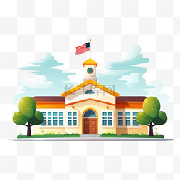 平面设计的学校建筑和挥舞的旗帜