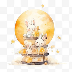 中秋素材背景图片_中秋场景小兔子月饼月亮卡通元素
