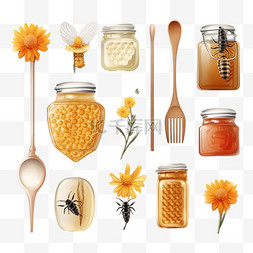 蜜蜂和花朵图片_蜂蜜现实主义套装，带有勺子、梳