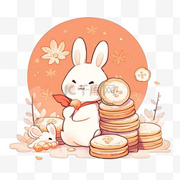 小兔子中秋场景月饼月亮卡通手绘