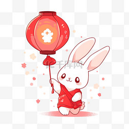 红色的小兔子图片_卡通提着灯笼的小兔子中秋手绘元