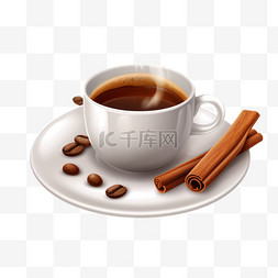 白杯热咖啡，茶碟上有肉桂，木桌