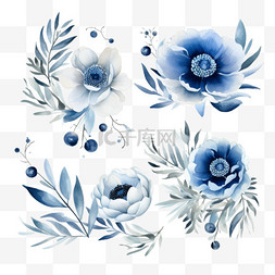 复古蓝色花朵图片_水彩蓝色插花系列