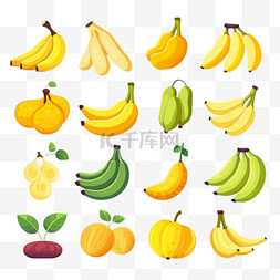 各种香蕉水果平面图标套装。卡通