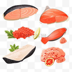 鱼套餐图片_三文鱼、生牛排和鱼子酱图标都是