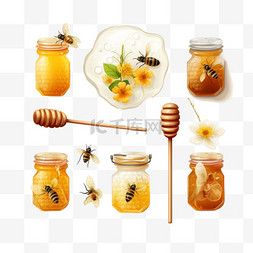 糖浆瓶子图片_蜂蜜现实主义套装，带有勺子、梳
