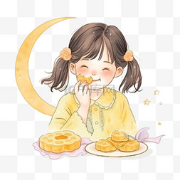 吃月饼女孩图片_中秋节卡通可爱的孩子月饼手绘元