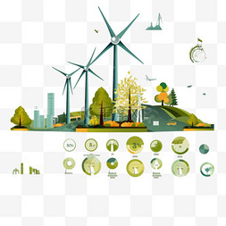 展示绿色图片_绿色树木、核电站和风车的生态信