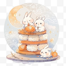 中秋场景小兔子月饼卡通手绘元素