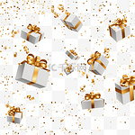 2022年新年快乐，圣诞快乐白色礼盒，白色背景上有金色蝴蝶结和金色亮片五彩纸屑。礼盒忽飞忽落。矢量插图eps10