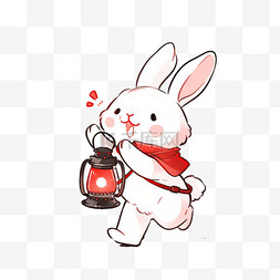 红色的小兔子图片_卡通手绘中秋提着灯笼的小兔子元