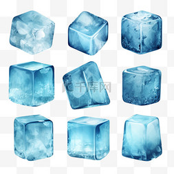 飞溅透明水滴图片_冰块逼真的蓝色集，透明背景上隔