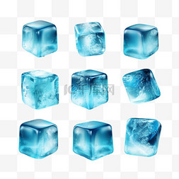 蓝冰花图片_冰块逼真的蓝色集，透明背景上隔