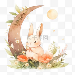 手绘中秋兔子图片_卡通手绘中秋小兔子月桂花月亮元