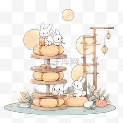 手绘场景小兔子月饼月亮中秋卡通