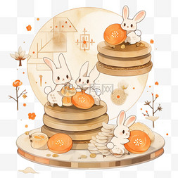 纯色场景图片_中秋小兔子月饼卡通手绘元素月亮
