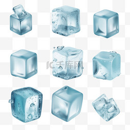 逼真的冷固体冰块集，冰块带着水