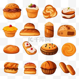 面包和饼干图片_卡通风格矢量的各种面包和面包套