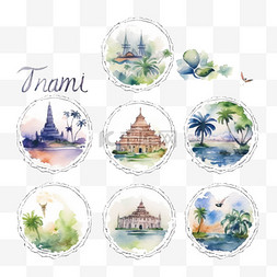 标志品牌图片_水彩风格的泰国旅游概念标志集，