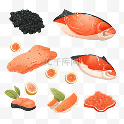 牛排店图片_三文鱼、生牛排和鱼子酱图标都是