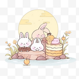 中秋场景卡通手绘元素小兔子月饼