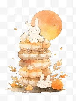 中秋兔子背景图片_中秋小兔子月饼月亮卡通手绘元素