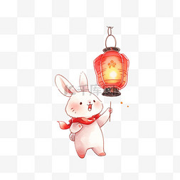 中秋红色背景图片_提着灯笼的小兔子卡通手绘元素中