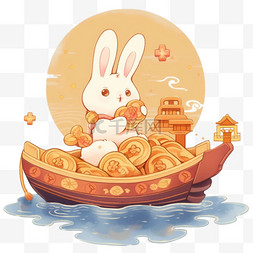 月饼月亮船卡通手绘中秋节小兔元