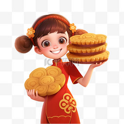 月饼上图片_中秋节节日女孩月饼卡通3d元素