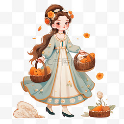 美女纯色背景图片_卡通元素中秋节美女月饼手绘