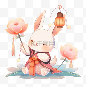 灯笼卡通中秋节小兔子拿着手绘元素