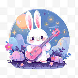 手绘元素中秋节小兔子乐器卡通