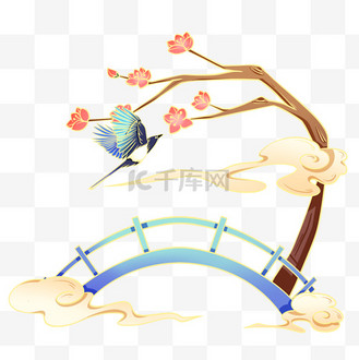 国潮七夕鹊桥花枝喜鹊