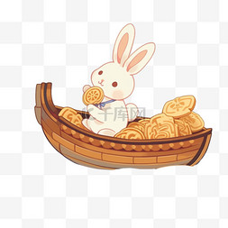 手绘小船元素图片_月饼月亮船卡通中秋节小兔手绘元