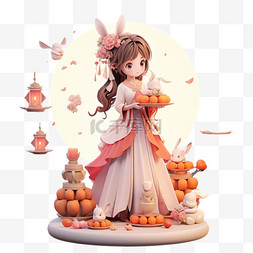 卡通兔子白色图片_女孩中秋节日月饼卡通3d元素