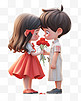 七夕节情人节3D卡通立体可爱情侣手拿玫瑰