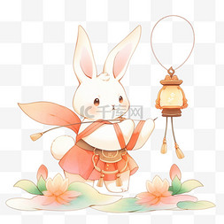 卡通元素小兔子拿着灯笼手绘中秋