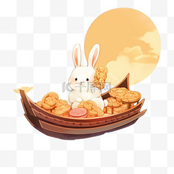 中秋节小兔月饼月亮船手绘元素