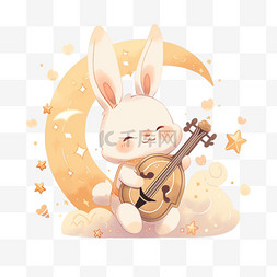 兔子月亮手绘图片_中秋节卡通小兔子乐器手绘元素