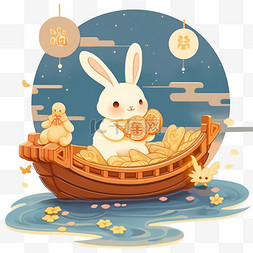 小兔月饼中秋节卡通月亮船手绘元