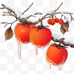水墨画霜降图片_元素霜降树枝上带白霜柿子手绘