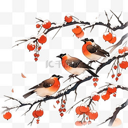 卡通树枝上的小鸟图片_霜降白霜柿子小鸟国画树枝手绘元