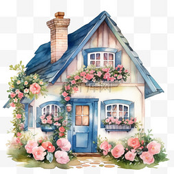 蓝色房子剪贴画图片_水彩卡通蓝色小屋免扣元素
