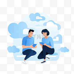 男人和女人在手机上从云端下载信
