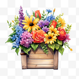 多色水彩花朵图片_水彩多色鲜花木箱免扣元素
