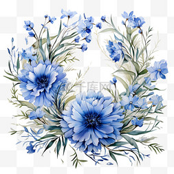 蓝色花框图片_水彩秋季花环花卉花框蓝色花边